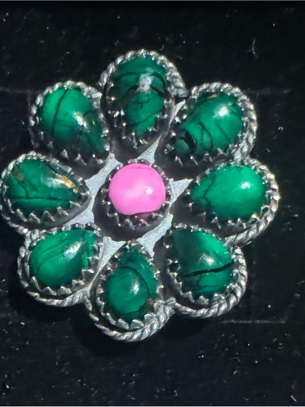 Sterling silver Flower w/ Irish Green dahlia & cotton candy Dahlia pink Stone